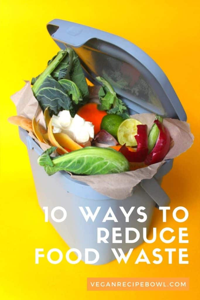 ways to reduce food waste image, showing a compost caddy full of peeling and scraps