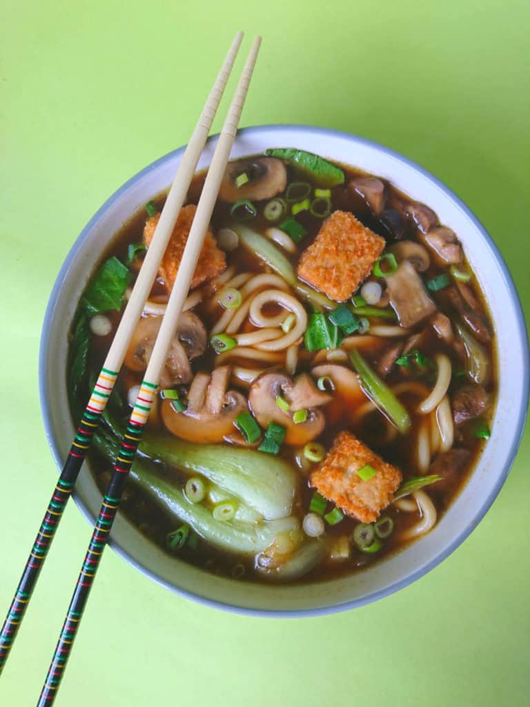 Vegan Udon Noodle Soup with Mushrooms and Crispy Tofu