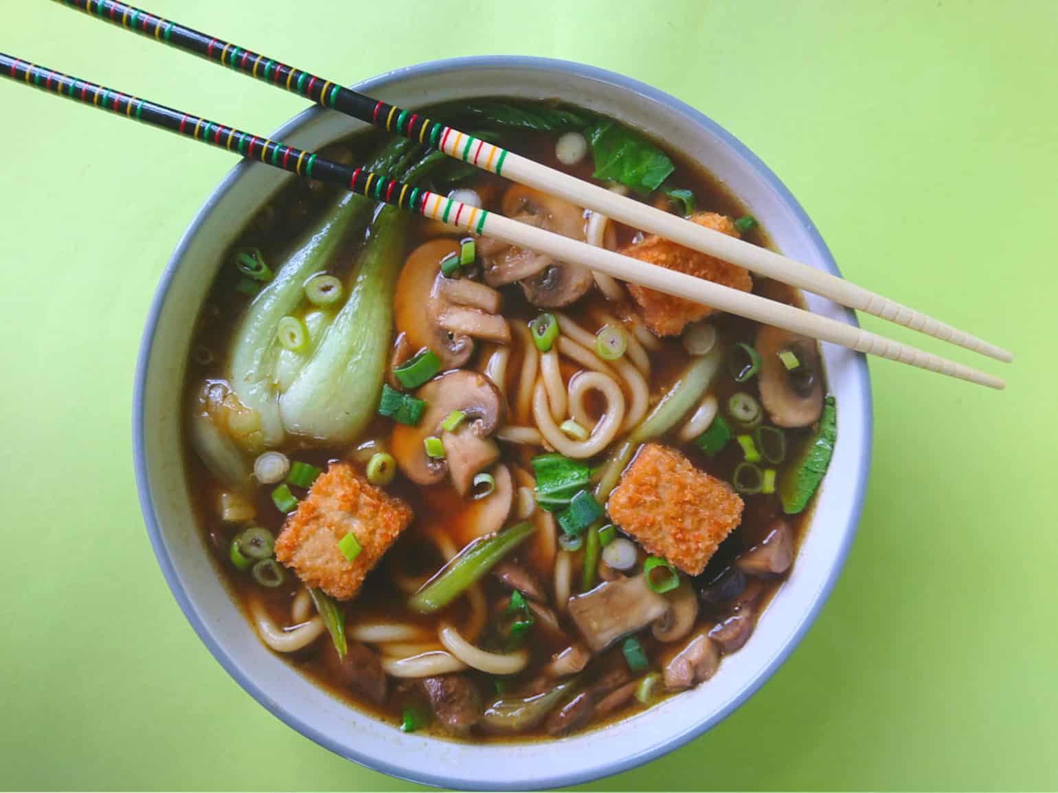 Vegan Udon Noodle Soup with Mushrooms and Crispy Tofu